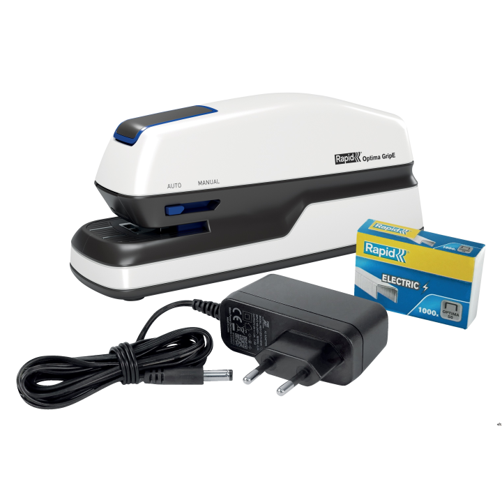 Zszywacz elektryczny Rapid Optima GripE, do 20 kartek, na baterię lub zasilacz, biały, 2102349