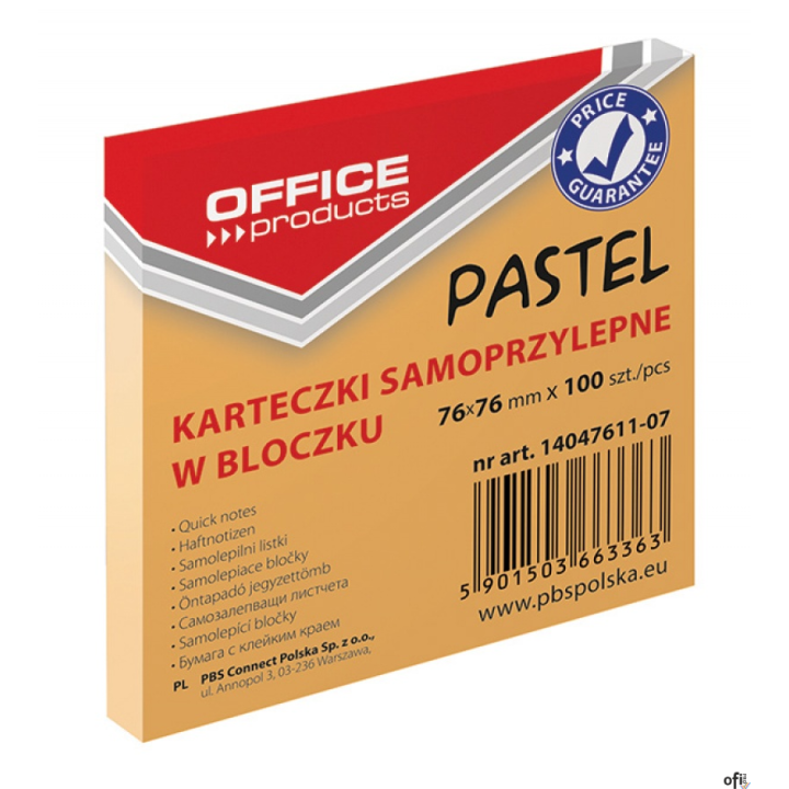 Bloczek samoprzylepny , 76x76mm, 1x100 kart., pastel, pomarańczowy, typu OFFICE PRODUCTS 14047611-07