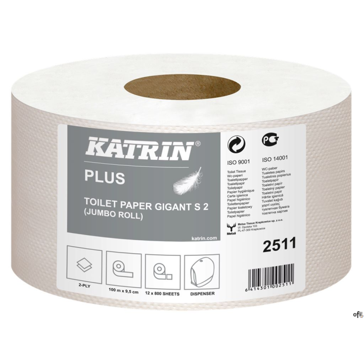 Papier toaletowy, duże rolki KATRIN PLUS Gigant S 2, 2511, opakowanie: 12 rolek