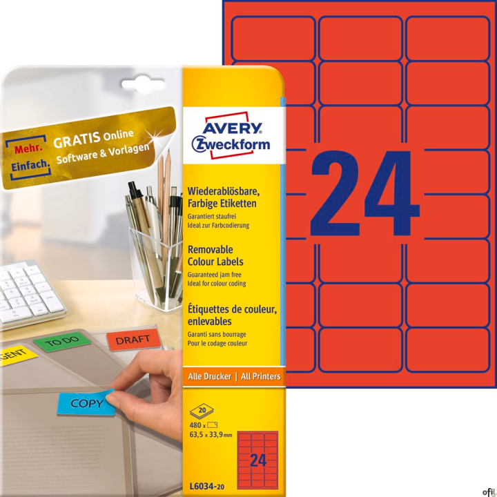 Etykiety czerwone L6034-20 63,5 x 33,9 20 ark. usuwalne Avery Zweckform