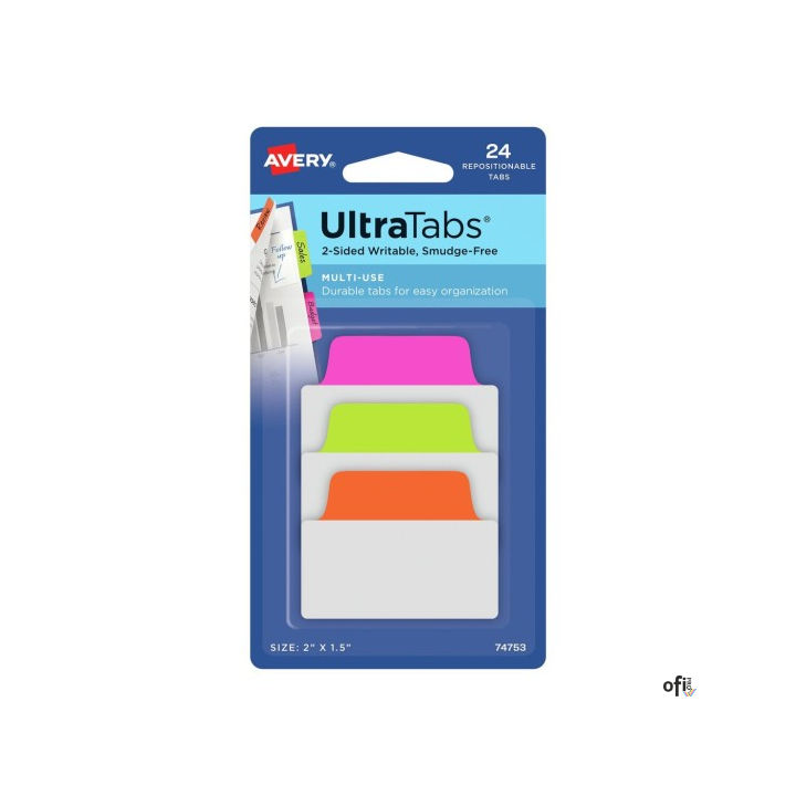 Ultra Tabs - samoprzylepne zakładki indeksujące, kolorowe, neonowe, 50,8x38, 24 szt., Avery Zweckform 74753