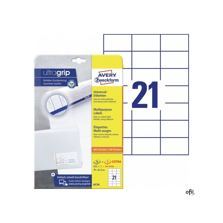 Trwałe etykiety uniwersalne 6174 70x42,3 30 ark. białe Avery Zweckform