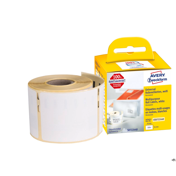 Etykiety uniwersalne AS0722440 54 x 70 320 et. w rolce do termodruku, trwałe, białe, Avery Zweckform