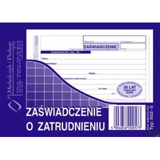 502-5 Zaświadczenie o zatrudnieniu MICHALCZYK&PROKOP A6 80 kartek