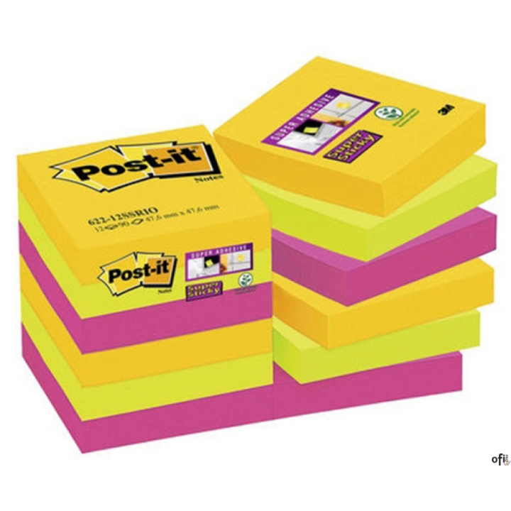 Bloczek samoprzylepny POST-IT_ Super Sticky (622-12SSRIO-EU), 47,6x47,6mm, 12x90 kart., paleta Rio de Janeiro