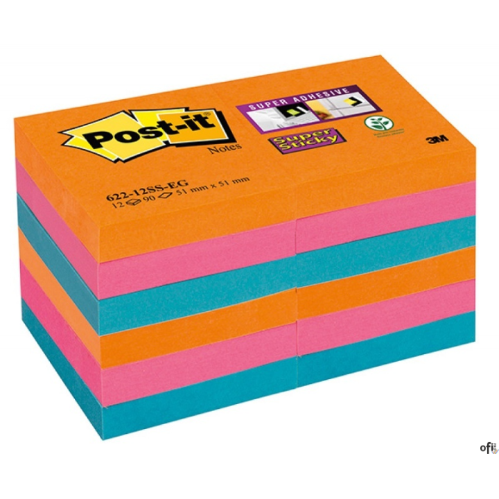 Bloczek samoprzylepny POST-IT_ Super Sticky (622-12SS-EG), 47,6x47,6mm, 12x90 kart., paleta Bangkok
