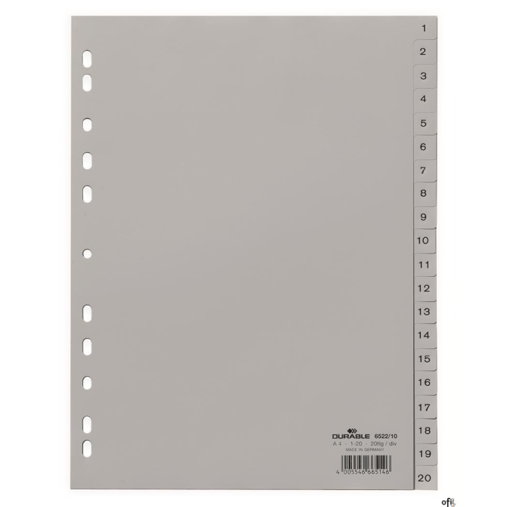 Przekładki PP A4 szare, nadr. indeks, 1-20, 2 0 części Szary 652210 DURABLE