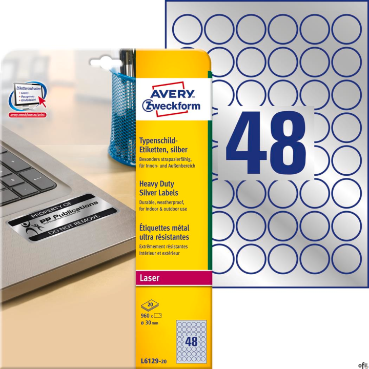 Etykiety znamionowe L6129-20 Q30 20 ark srebrne, poliestrowe, Avery Zweckform