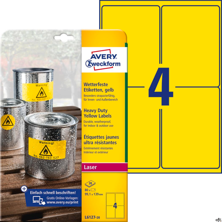 Etykiety Heavy Duty L6127-20 99,1 x 139 20 ark. żółte, poliestrowe, Avery Zweckform