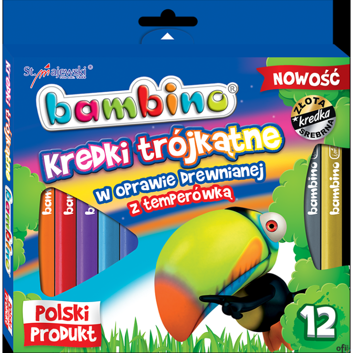 Kredki trójkątne BAMBINO 12 kolorów temperówka w oprawie drewnianej