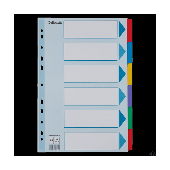 Przekładki, kolorowy karton, karta opisowa Mylar A4, Esselte, 6 kart, , 100168 (X)