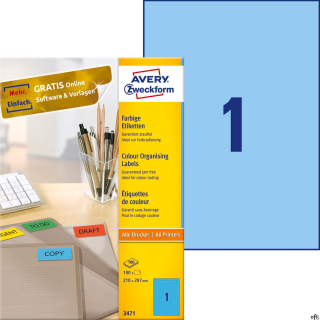Etykiety niebieskie 3471 210 x 297 100 ark trwałe, Avery Zweckform