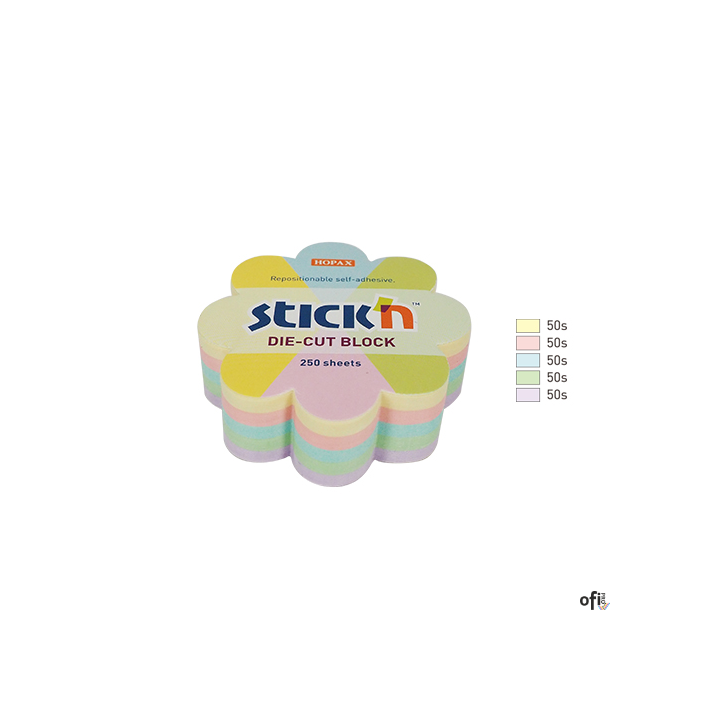 Notes kwiatek, 67x67mm, mix 5 kol. pastelowych, 250kart. Stickn 21832