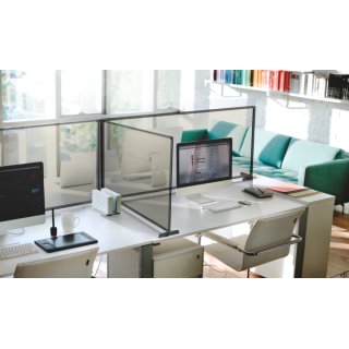 Osłona ochronna szyba pleksi w ramie aluminiowej, metalowa podstawa srebrna 60x65