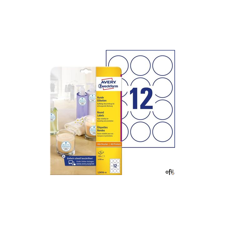 Etykiety o nietypowych kształtach, A4, 10 ark./op., Q60 mm, białe, AVERY ZWECKFORM, L3416-10