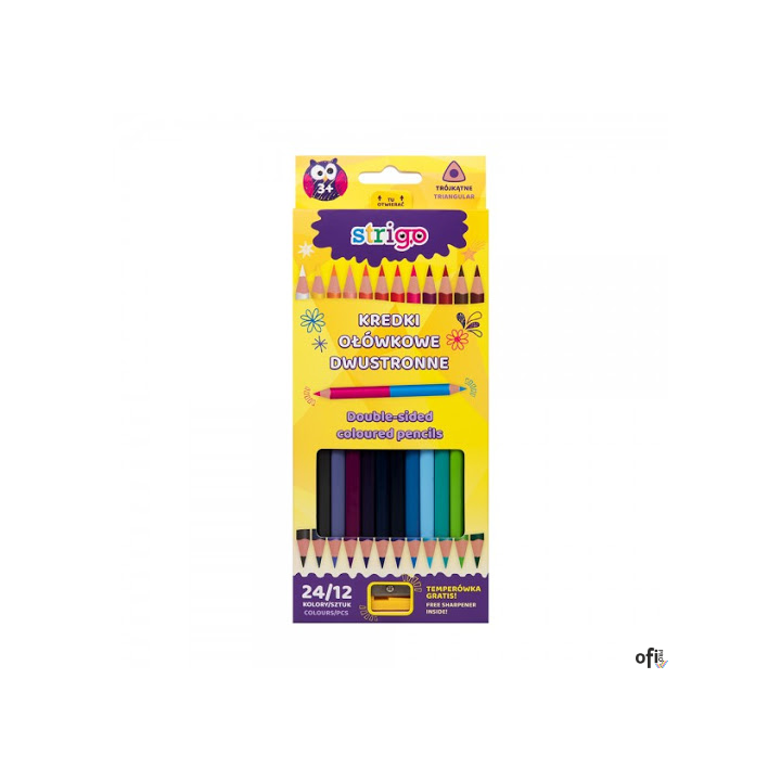 Kredki ołówkowe trójkątne dwukolorowe 12 szt. 24 kolory + temperówka SSC116