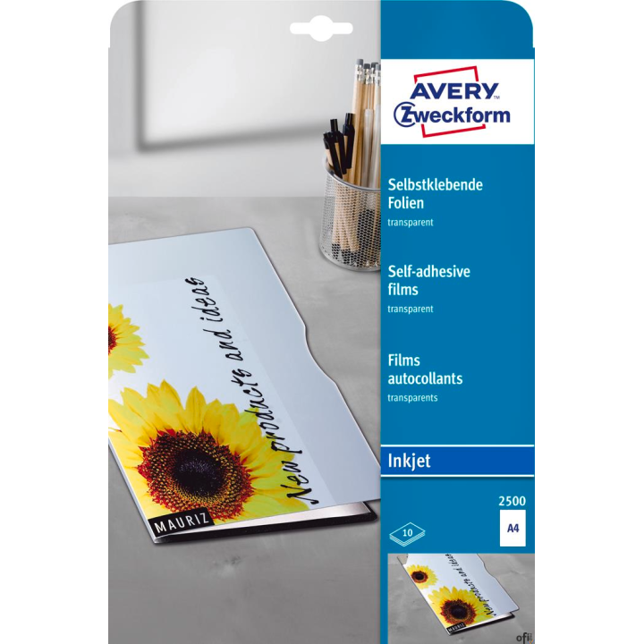 Przezroczyste folie samoprzylepne 2500 A4, 10ark powlekane, grubość 0,17 mm, Avery Zweckform