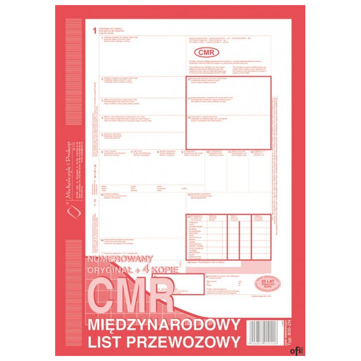 800-2N CMR A4 80kartek 1+4 numerowany międzynarodowy list przewozowy M&P