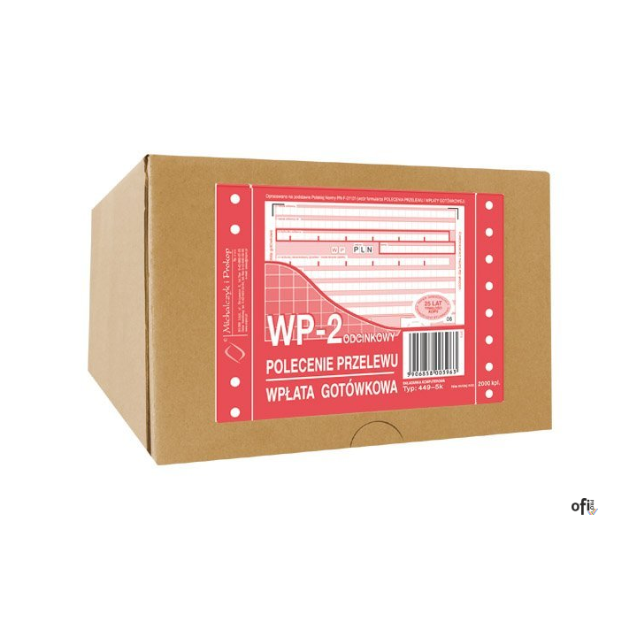 449-5K Polecenie przelewu, bank, wpłata gotówkowa, WP-2 (2-odc), A6, 2000kpl. Michalczyk i Prokop (karton)
