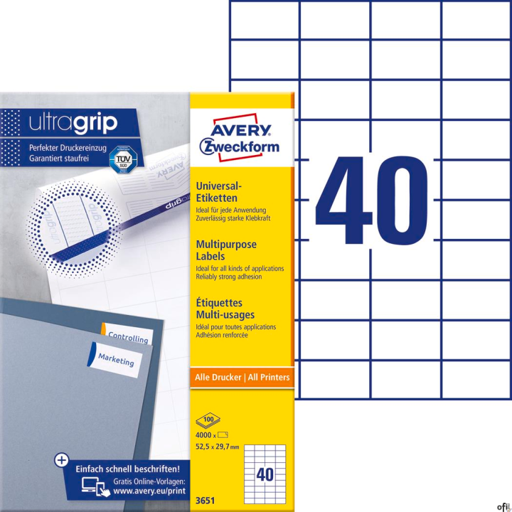 Trwałe etykiety uniwersalne 3651 52,5x29,7 100ar Avery Zweckform