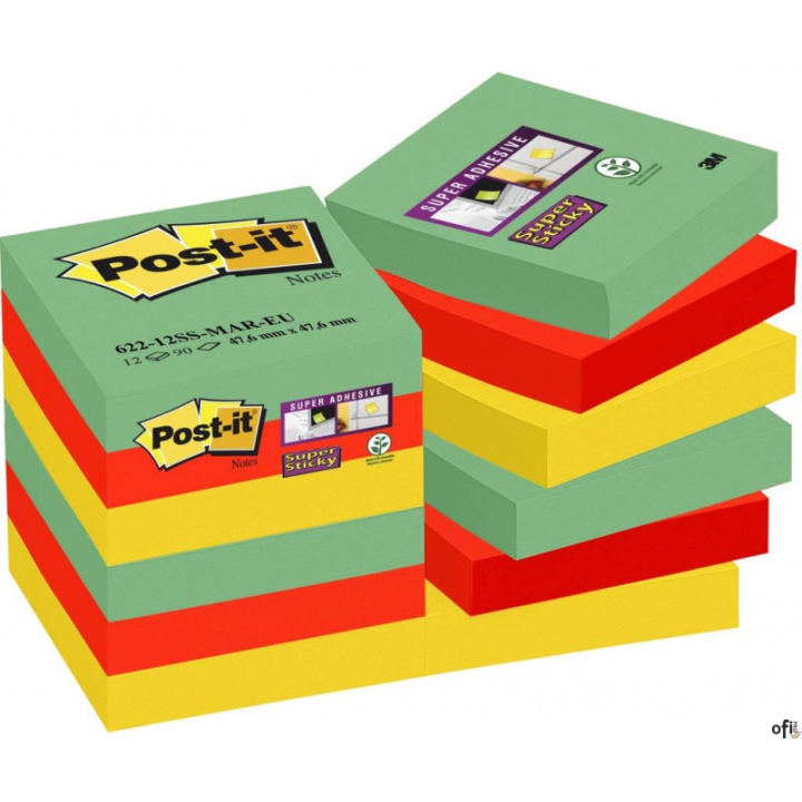 Bloczek samoprzylepny POST-IT_ Super Sticky (622-12SSMAR-EU), 47,6x47,6mm, 12x90 kart., paleta Marrakesz