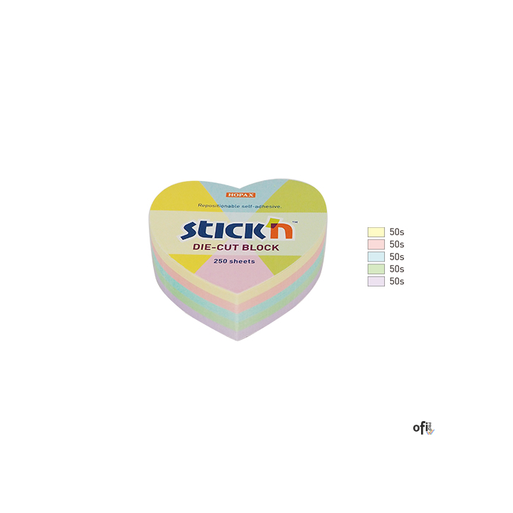Notes serce, 64x67mm, mix 5 kol. pastelowych, 250kart. Stickn 21835