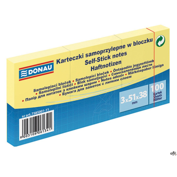 Bloczek samoprzylepne 3szt x 100 karteczek jasnożółte 51*38 7585001/1 DONAU
