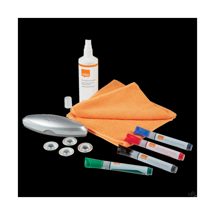 Zestaw startowy Nobo do tablic suchościeralnych, zawiera: markery, gąbke, piankę do czyszczenia, ściereczke oraz magnesy 1905330