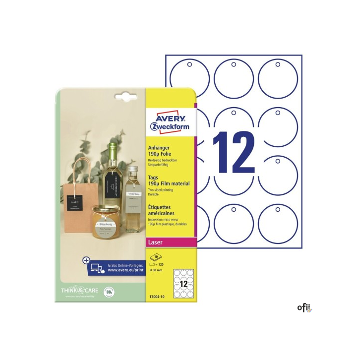 Zawieszki foliowe Avery Zweckform, 190_, 60 mm, okrągłe, 10 ark. T3004-10