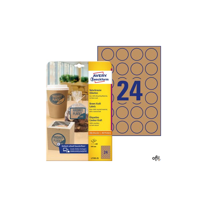 Brązowe etykiety na produkty, A4, 25 ark./op., Q40 mm, okrągłe, AVERY ZWECKFORM, L7105-25