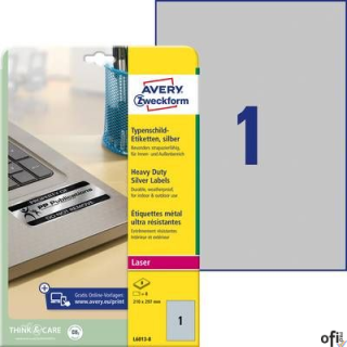 Etykiety znamionowe srebrne, A4, 8 ark./op., 210 x 297 mm, srebrne, poliestrowe, AVERY ZWECKFORM, L6013-8