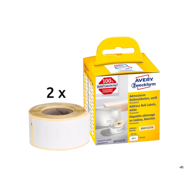 Etykiety adresowe AS0722370 28x89 260 et. x 2 w rolce do termodruku, trwałe, białe, Avery Zweckform