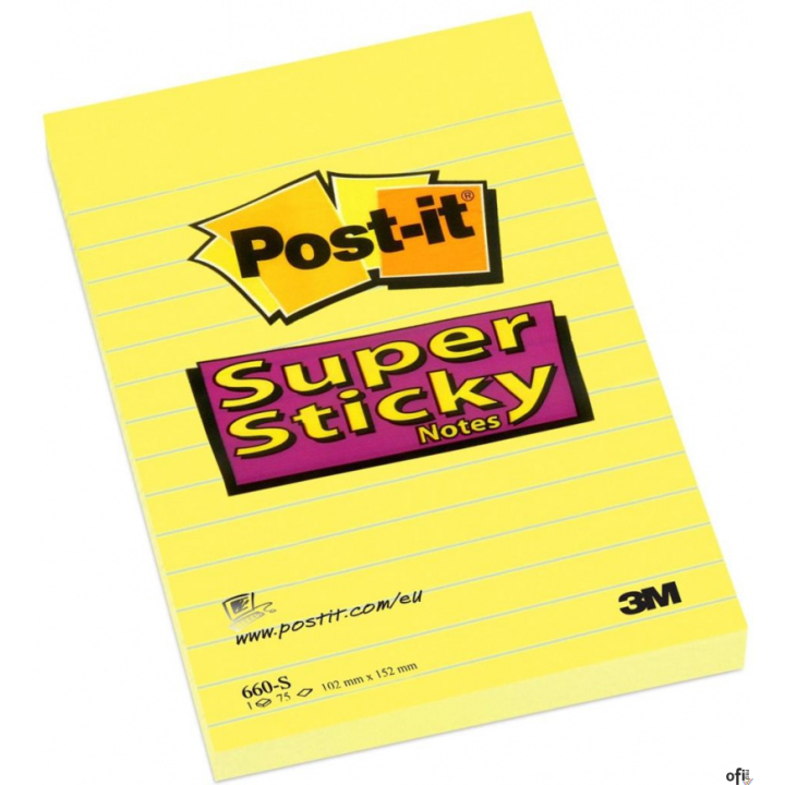 Bloczek samoprzylepny POST-IT_ Super Sticky (660-S), 102x152mm, 1x75 kart., żółty