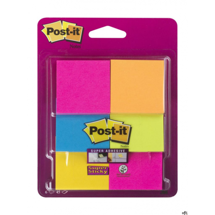 Karteczki samoprzylepne POST-IT_ Super Sticky (6916S-YPOB), 47,6x47,6mm, 6x45 kart., mix kolorów