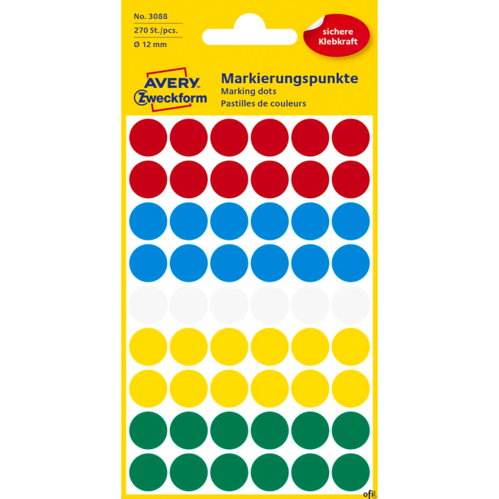 Kółka do zaznaczania mix kolorów 3088 Q12 a ark Avery Zweckform
