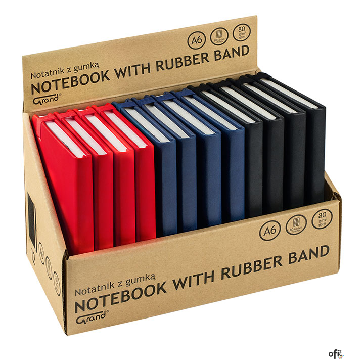 Notatnik z gumką A6/80 kartek, 80g/kratka, mix kolorów, 150-1416 GRAND