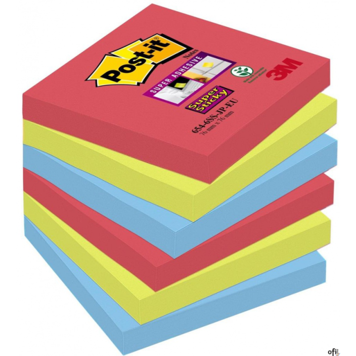 Bloczek samoprzylepny POST-IT_ Super Sticky (654-6SS-JP), 76x76mm, 6x90 kart., paleta Bora Bora