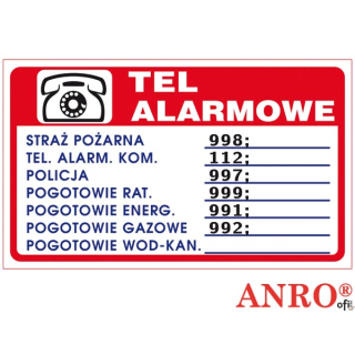 Tabliczka TELEFONY ALARMOWE ZZ-94P 150x200 PŁYTA PCV, ANPRO