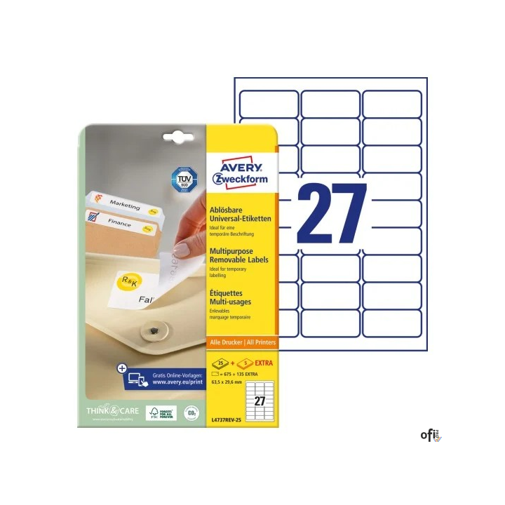 Etykiety uniwersalne L4737REV-25 63,5x29,6 30ark Usuwalne, Avery Zweckform