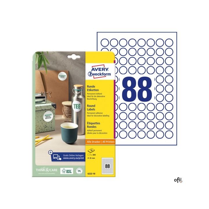 Etykiety o nietypowych kształtach, A4, 10 ark./op., Q20 mm, okrągłe, trwałe, AVERY ZWECKFORM, 6222.10.01