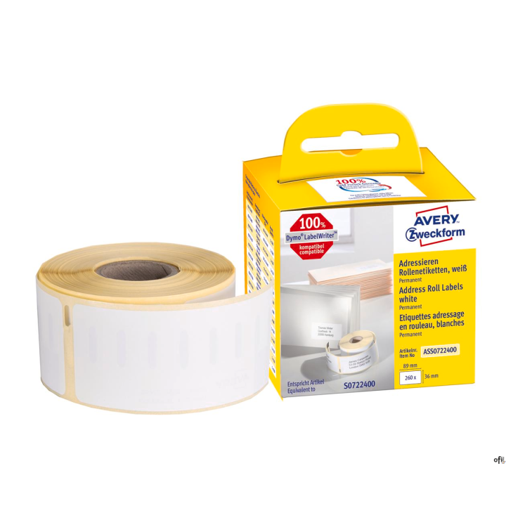 Etykiety adresowe ASS0722400 36x89 260 et. w rolce do termodruku, białe, Avery Zweckform