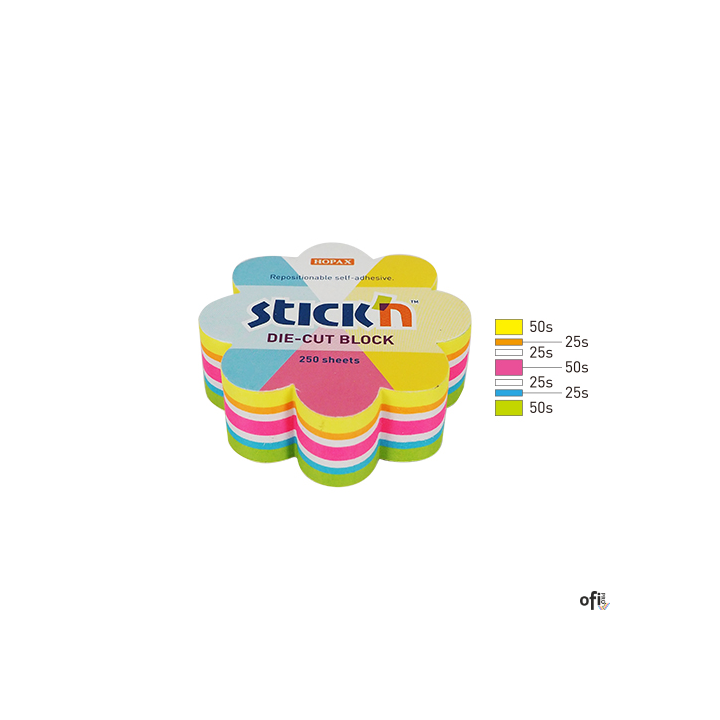 Notes kwiatek, 67x67mm, mix 5 kol. neon+biały, 250kart. Stickn 21833