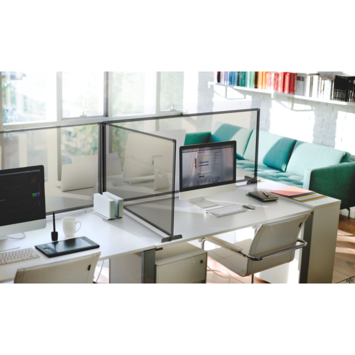 Osłona ochronna szyba pleksi w ramie aluminiowej, metalowa podstawa srebrna 60x65