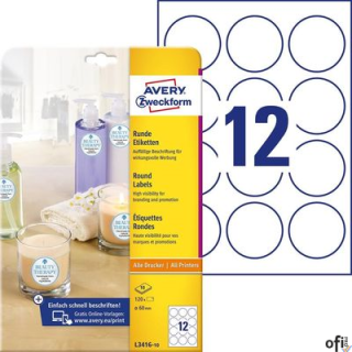 Etykiety o nietypowych kształtach, A4, 10 ark./op., Q60 mm, białe, AVERY ZWECKFORM, L3416-10