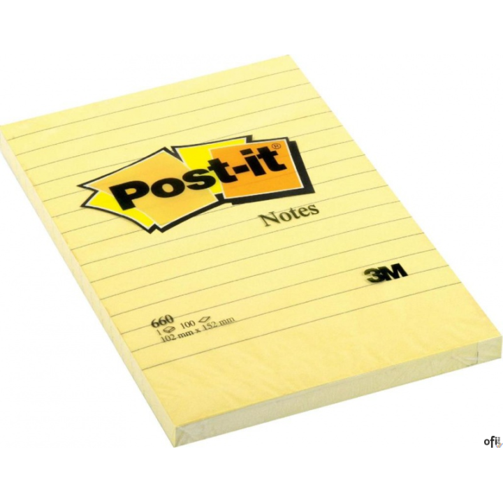 Bloczek samoprzylepny POST-IT w linię (660), 102x152mm, 1x100 kart., żółty