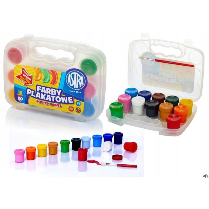 Farby plakatowe Astra 12 kolorów 20 ml - walizka, 301117002