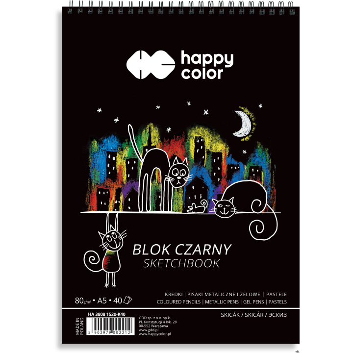 Blok czarny na spirali KOTY A5, 40 ark, 80g, Happy Color HA 3808 1520-K40