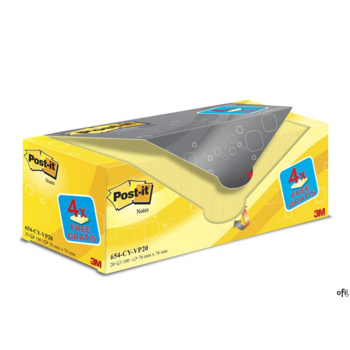 Bloczek samoprzylepny POST-IT (654CY-VP20), 76x76mm, (16+4)x100 kart., żółte, 4 bloczki GRATIS