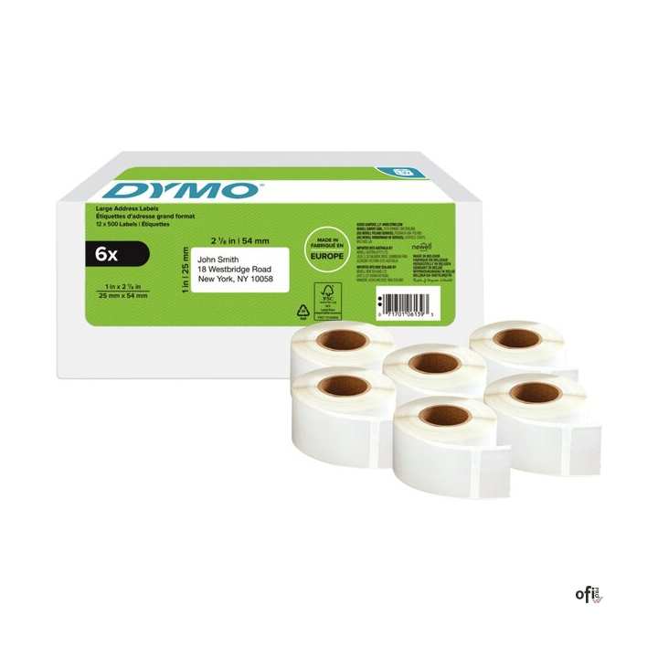 Etykieta na adres zwrotny - 25 x 54 mm, biała - VALUE PACK 6 szt 2177564 DYMO