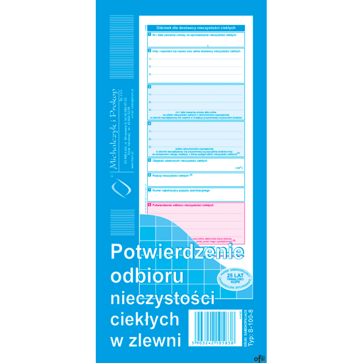 S-100-8 Potwierdzenie odbioru nieczystości ciekłych w zlewni MICHALCZYK I PROKOP